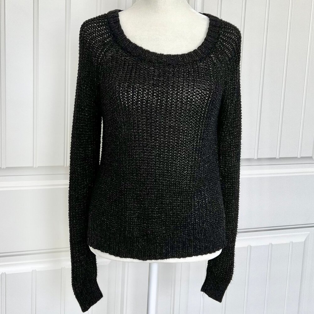 Heather by Bordeaux Black w/ Metallic Gold Flecks Loose Knit Round Neck Sweater